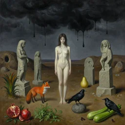 realistic painting of black dripping oily sky, a barren landscape, tall emo girl, stone sculptures, a fox, a pear, dark clouds raining black ink, boulders, caves, pomegranate, bromeliads, herbs, raven, courgettes, berries, zen, sensual, surrealist painting by magritte and monet and rousseau