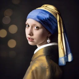 An extremely beautiful studio photo of Lara Croft as the Girl With a Pearl Earring, bokeh, 90mm, f/1.4