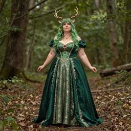 A big woman with green hair and deer horns, she is wearing a royal dress that is green, full body photoshoot at the forest