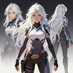 highly detailed, digital art, pixiv fanbox, trending on artstation, ray tracing, volumetric lighting, sharp focus, hq, overwatch style barbarian female character, long messy wild white hair and blue eyes, front and back view, design sheet, arcane, by artgerm, wlop, greg rutkowski, miyazaki hayao