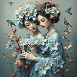 breathtaking detailed concept art painting blend of two goddess of light blue flowers by hsiao ron cheng, vintage illustration pattern with bizarre compositions blend of flowers and fruits and birds by beto val and john james audubon, exquisite detail, extremely moody lighting, 8 k