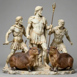 greek warriors fighting against capybara, ancient greek statue, epic, detailled