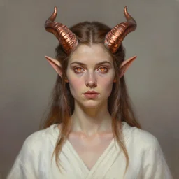 A head-on, symmetrical detailed oil portrait of an elf woman with small horns of copper, bright copper-colored irises and wearing a simple white robe, by greg rutkowski, trending on artstation, dungeon and dragons art