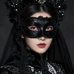 detailed female portrait of a lady empress all dressed in black, beautiful face and eyes, black mask on her face, black velvet fabric, highly detailed, white accents, cel shaded, cinematic shot, trending on artstation, high quality, brush stroke, by tom bagshaw and jama jurabaev