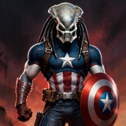 movie poster of captain america fused with the predator art by frank frazetta