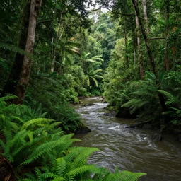 A lush beautiful rainforest with a river running through it, 8k dslr photo