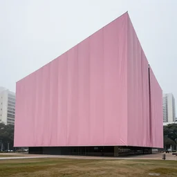 photo of a parametric architecture museum, facade in faded pink fabric, sao paulo in the background, morning fog, wide camera angle