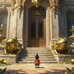 establishing shot, cinematic, character dwarfed by colossal brass toad statues, animation key shot of the great temple, ultra wide, door, stone steps, symmetrical statues, sunlight, ornate, rust, art deco, versailles, fountain with gold lily pads!!!, by the best artist, fantastic architecture, dry, dusty, dappled sunlight