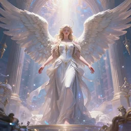 infinitely detailed concept art of angel!! elegantly clothed imposing it's majestic aura, spreading it's gloriously detailed wings in a peaceful dream setting!, artstation!! / pixiv!!! infinitely detailed, library dream world outdoors and vaporwave tears and explosive magic scenery art concept, dream magical, dream scenery art, dream lighting, full - body majestic angel
