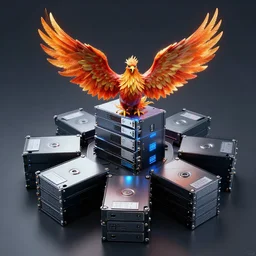 a phoenix sitting on a pile of harddisks protecting a database, 8 k, 3 5 mm