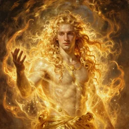 Lucius as a demigod of scintillating radiance, long fluffy blond curly hair, wreathed in magnificent flames, oil on canvas, golden hour, artstation, by J. C. Leyendecker and Peter Paul Rubens —height 768