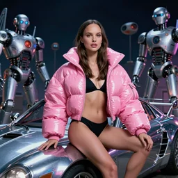 beautiful fantasy character portrait, natalie portman, wearing oversized plastic puffy pink bomber jacket and black bikini, seductive seated pose, futuristic chrome vehicle, night, ultra realistic, wide angle, dramatic lighting, robots, retro technology artifacts, highly detailed by dariusz zawadzki, paolo eleuteri serpieri, boris vallejo, aaron horkey, hajime sorayama, peter mohrbacher,,