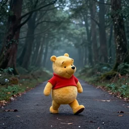 a pooh walking on the road in the deep dark forest, mist, cinematic tone, 1 9 7 0 s cartoon movie, winnie the pooh
