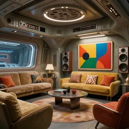 very detailed interior of alien futuristic spaceship with colorful high resolution textures, 1 9 5 0 s midcentury furnishings, hi fi stereo with speakers, bold modern art, raytracing, raymarching, subsurface scattering, still from new scifi movie by lucasfilm, by arthur haas and stefan morrell, weta digital