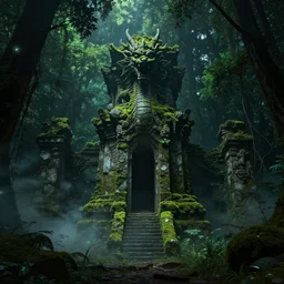 epic temple ruin with a statue of a dragon overgrown with moss in a dark lush green forest, dark night, magical glowing particles, volumetric fog, by greg rutkowski, WLOP, trending on ArtStation, CGSociety, concept art, cgsociety, octane render, trending on artstation, artstationHD, artstationHQ, unreal engine, 8k