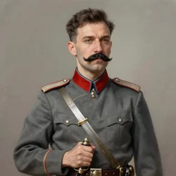 portrait photo of russian revolutionary commander in ww 1 military clothes wearing papaq with black moustache and shaved chin, holding a saber, handsome, highly detailed, digital painting, artstation, concept art, smooth, sharp focus, illustration, art by gaston bussiere and alphonse mucha