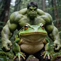 macro medium shot, rugged anthropomorphic muscular!!!!!!!!! oversized!!!!!!!! hulked!!!! frog as oversized green frog hulk barbarian hunter in deep forest, kodachrome film still