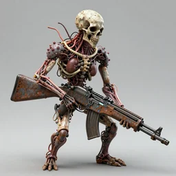 Techno-biological rusty large-caliber rifle consisting of tumors, veins, bones, kidneys, wires. Biopunk, body-horror, high detail, photorealism, full length view, very rust, concept art, octane render, 16k, 8k
