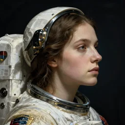 a young woman's face in profile, high priestess astronaut, in the style of the dutch masters and gregory crewdson, dark and moody