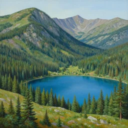 painting of a moutains landscape with a blue lake and a dense pines forest, a detailed matte painting by christophe vacher, matte painting, ultra detailed, matte drawing,