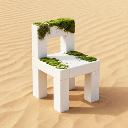 chair made of rectangle tetris, made of white and moss, octane render, trending on artstation, on hard desert sand floor