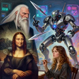 illustration of h. r. giger and leonardo da vinci and liliia sitailo, artist paint in air colorful elements of bright sci - fi hologram elements, battle bio machine with sharp razors ready for battle, dramatic, sharp focus, depth of field, highly detailed, artstation, digital art, volumetric light, dynamic, expression