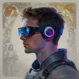 side view future coder man, sleek cyclops display over eyes and glowing headset, neon accents, holographic colors, desaturated headshot portrait digital painting by john berkey, tom whalen, alex grey, alphonse mucha, donoto giancola, dean cornwall, rhads, astronaut cyberpunk electric lights profile
