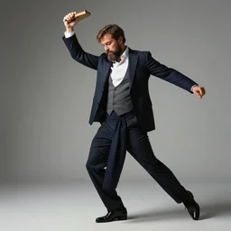 leonardo di cabrio with beard and a book in his hand, dancing in a suit
