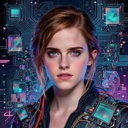 female cyberpunk Emma Watson portrait by cy Twombly and BASTIEN LECOUFFE DEHARME, highly detailed circuit boards, led display, iridescent fractal, integrated wiring, high tech, neon lights