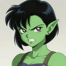 an aggressively stupid girl, short, green skin, pointy ears, sharp teeth, medium shot, concept art, digital art, natural lighting, sharp focus, illustration, highly detailed, by akira toriyama,