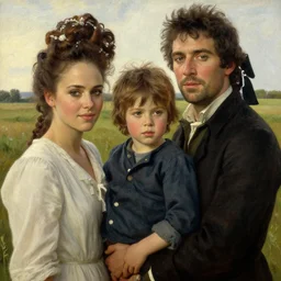 family, colin farrell and jessica alba and kid in open fields, art by anders zorn, detailed faces, micro detail, wonderful masterpiece by greg rutkowski, beautiful cinematic light, american romanticism thomas lawrence, greg rutkowski