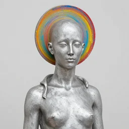 bald silver woman statue, halos made of colorful paint, john howe, greg rutkowski
