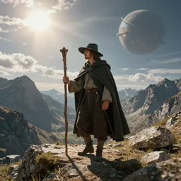 a man in a cloak and a brimmed hat with a staff is wandering trough the mountains on an alien planet in the style of neo-romanticism