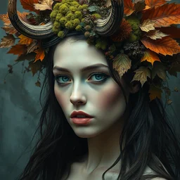 wide shot portrait of beautiful female model by irakli nadar with intricate detailed color smashing fluid oil paint and acrylic, dried moss and dried autumn leaves headdress with horn, organic, haunting, elite, elegant, melting wax, mycelia, abstract impressionism, ruan jia, dark fantasy, hyper detailed, concept art, by gustav klimt,