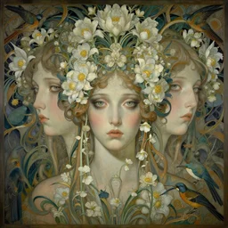 breathtaking detailed concept art painting art deco pattern of faces goddesses of nemophila flowers with anxious piercing eyes and blend of flowers and birds, by hsiao - ron cheng and john james audubon, bizarre compositions, exquisite detail, extremely moody lighting, 8 k
