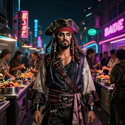 pirate rave, buffet, celebration, photo realistic, 8k, artstation, Blade runner, neon signs in the distance, dark, cinematic, high contrast, epic