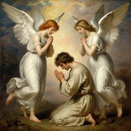 angels protecting a praying man, by Quentin de Warren, Trending on artstation, deviantart
