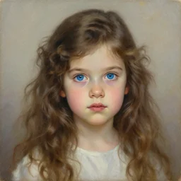 portrait of a 4 5 years girl with long curly brown hair and blue eyes, beautiful painting by artgerm and greg rutkowski