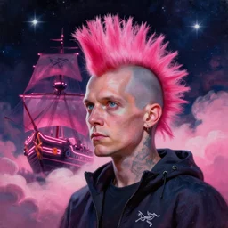 arcteryx, beautiful clear faces by tom bagshaw, portrait big dark punk, pink, mohawk, arcteryx, space, hyperdetailed illustration, stars, neon, oil painting, rich deep colors masterpiece, ultra detailed, contrast, heaven pink, clouds, volumetric light, atmospheric lighting, pirate neon ship, dramatic, cinematic, moody, octane render 4 k, 8 k