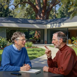 bill gates and steve jobs arguing over the future of computing in a modern villa with a sequoia garden, detailed photorealisitc painting by edward hopper