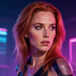 Portrait of young Gillian Anderson  as a replicant in blade runner , cyberpunk , neon lighting, model, HDR, 24MP, fantasy, high detail, elegant, digital painting, rossdraws global illumination, vibrant, intricate, textured skin, highly detailed, artstation, sharp, focus, illustration, Anna Dittmann, Ilya Kuvshinov, Nikolay Makovsky
