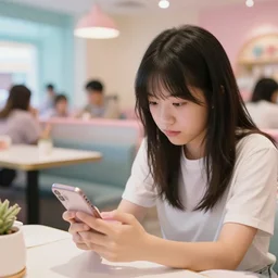 person with mobile phone chill in restaurant by yuri shwedoff, zeen chin, misty, pastel colors, hyperdetailed