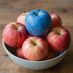 of a blue apple in bowl of red apples
