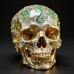 photo of a diamond skull engraved with emerald runes, golen sinister light, photorealism