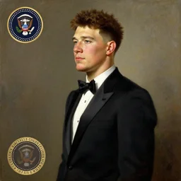 official side portrait of united states president patrick mahomes, in a black suit, 1 8 8 8, a character portrait by cassius marcellus coolidge, reddit contest winner, american romanticism, oil on canvas, detailed painting, creative commons attribution
