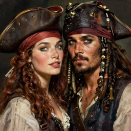 a female pirate captain with her pirate boyfriend. loving eyes. art by dean cornwell.