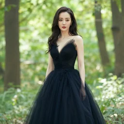 photo portrait of a beautiful woman wearing a black gown in a bright forest, by Artgerm