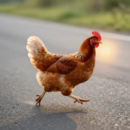 chicken running on a road with the sun on the end