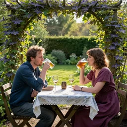man and woman sitting at table in garden. they drink beer and wine. the sun shines. folk horror. detailed. clematis. arbour