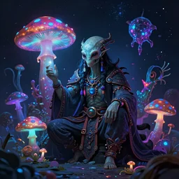 Alien Shaman with psychedelic mushroom, Dark Neon colored Universe, cosmic entities by Tyler Edlin trending on artstation HD